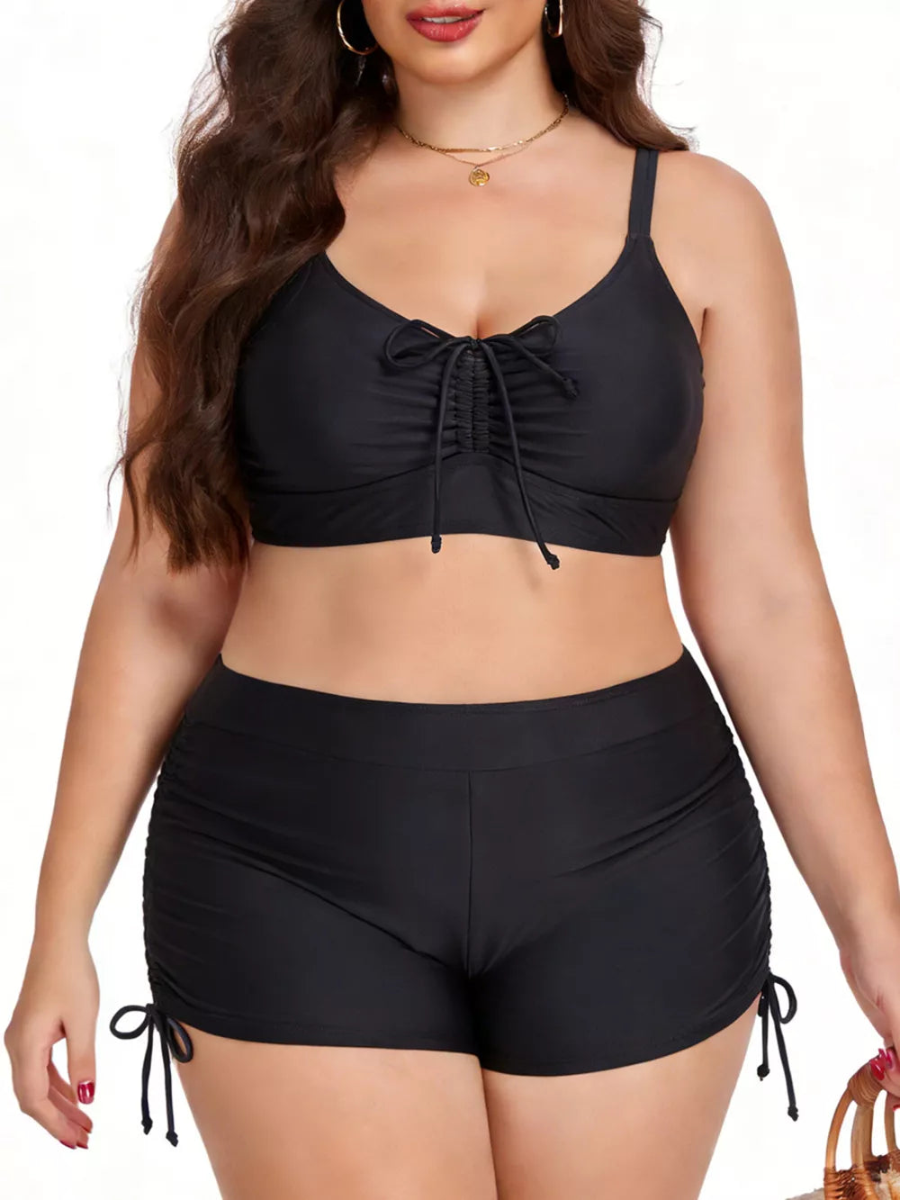 Plus size black adjustable drawstring bikini set with ruched shorts.