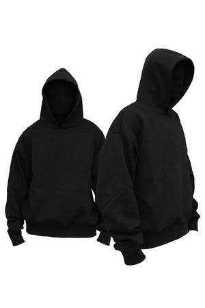 Black oversized hooded sweatshirt with drop shoulders and cuffed sleeves.