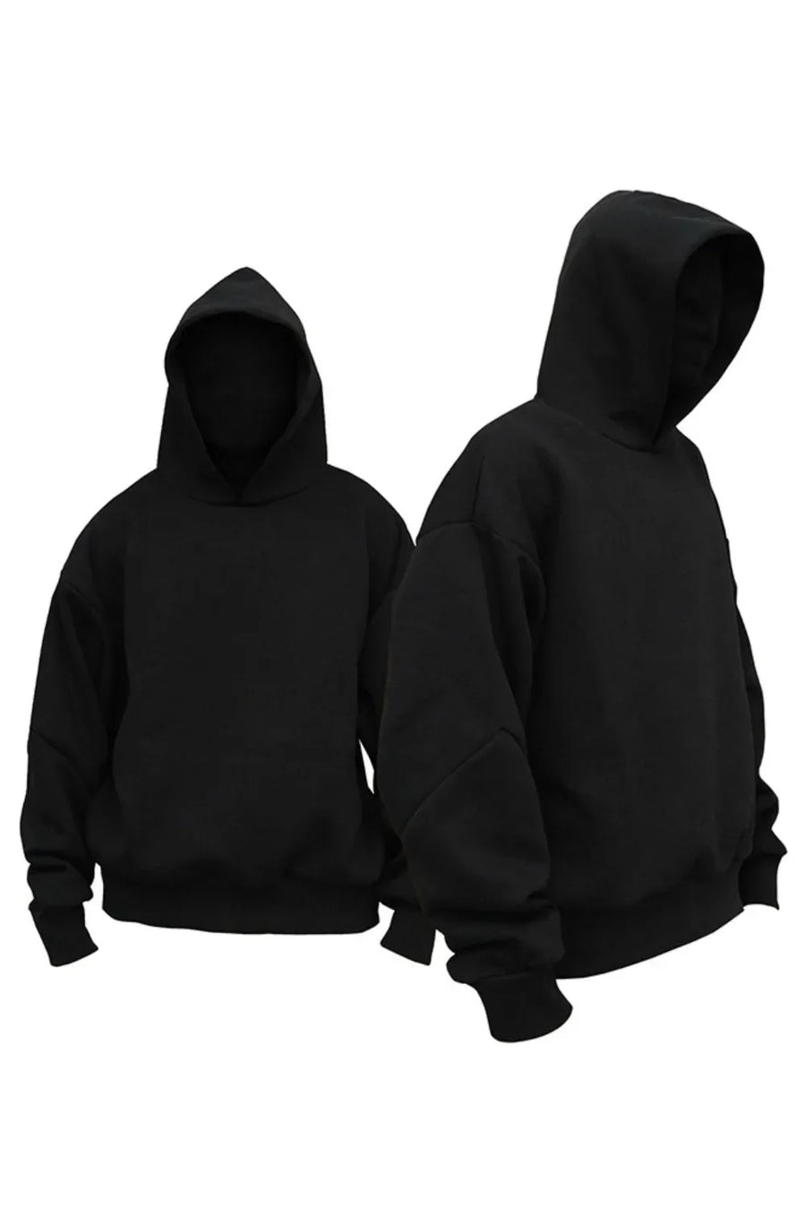 Black oversized hooded sweatshirt with drop shoulders and cuffed sleeves.
