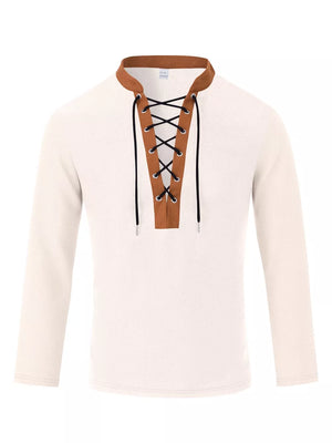 Khaki with Men's Vintage Lace-up Long Sleeve Henley Plus Size