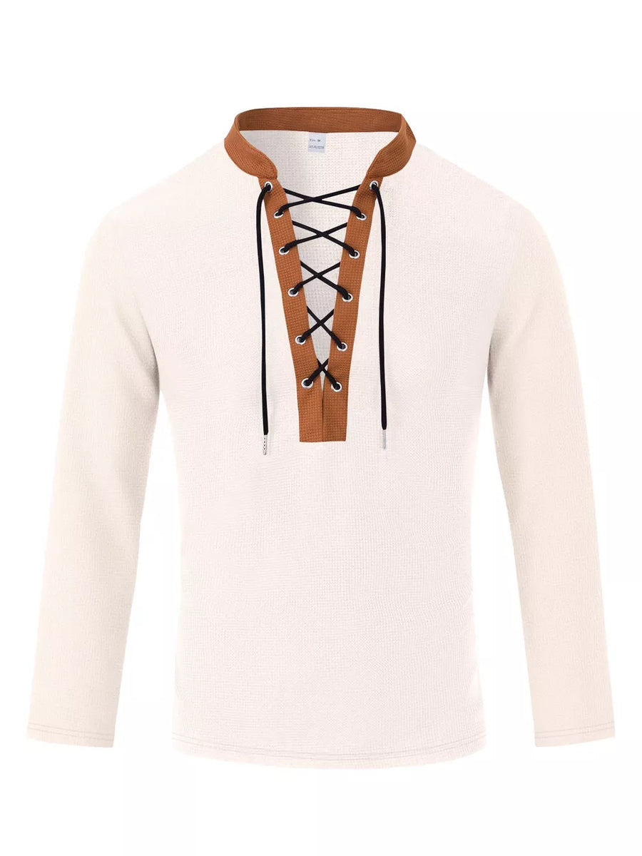 Khaki with Men's Vintage Lace-up Long Sleeve Henley Plus Size