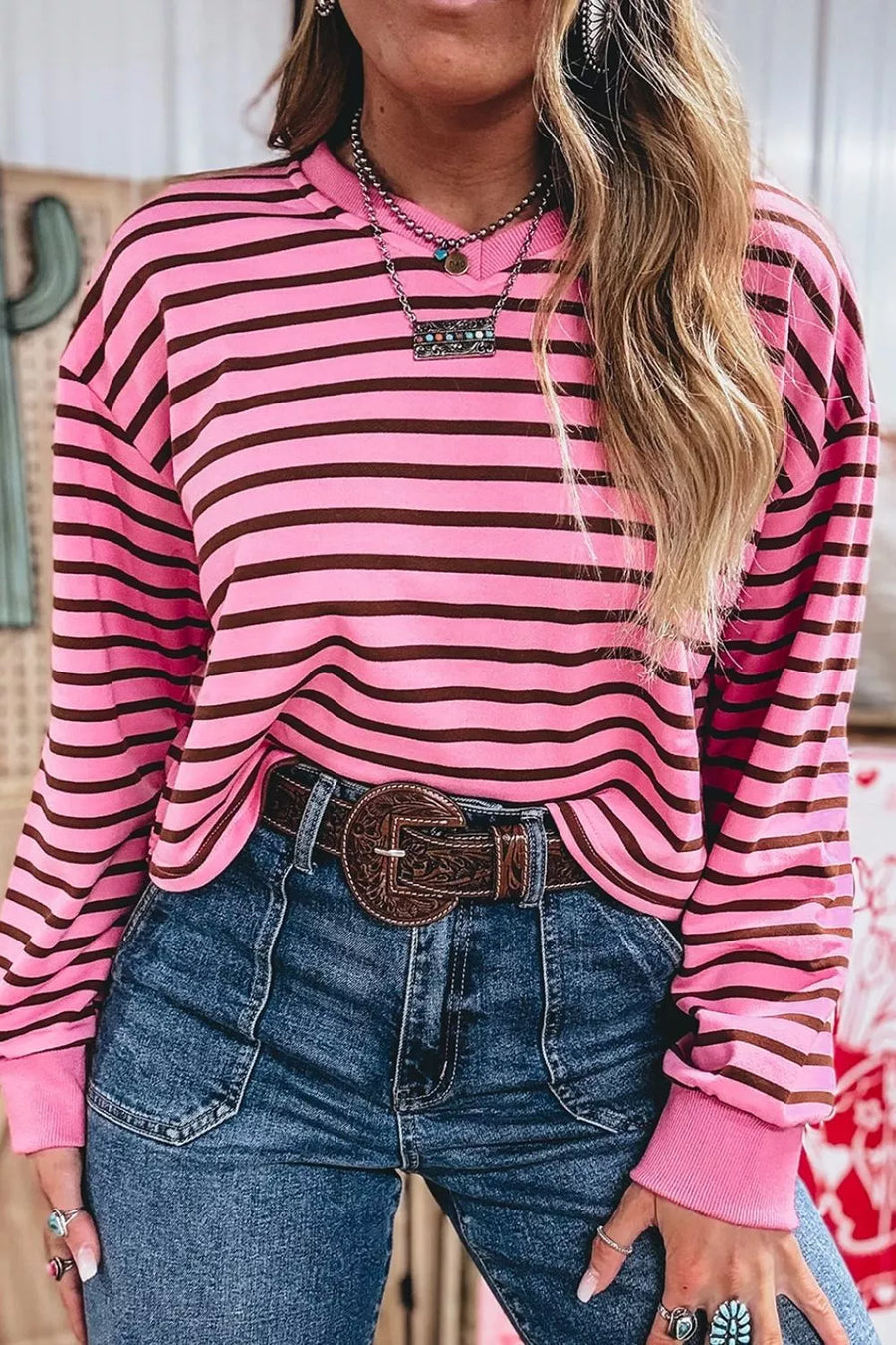 Stripe V Neck Drop Shoulder Long Sleeve Shirt option 4