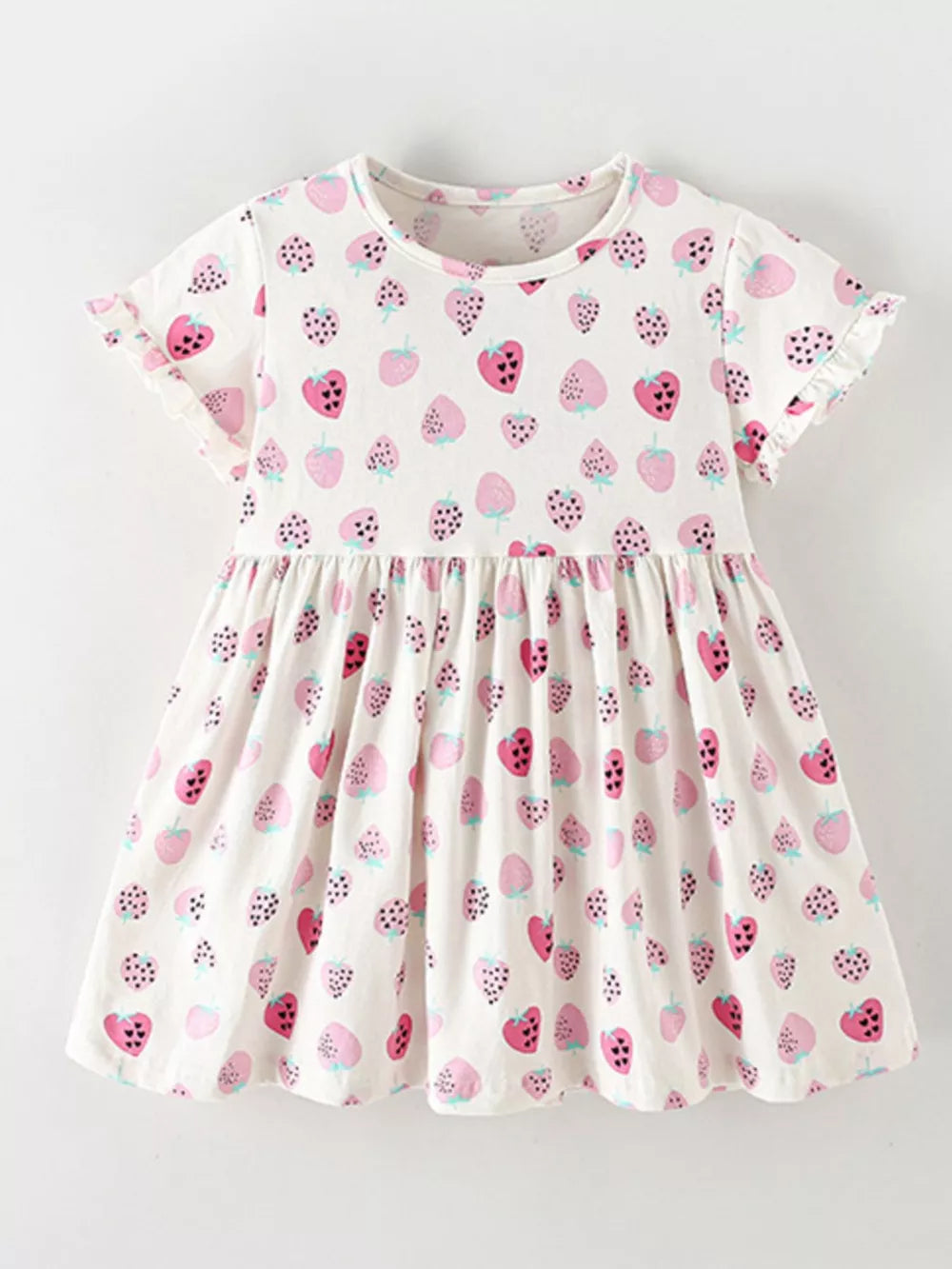 Toddler dress with allover pink strawberry print, ruffled short sleeves, and gathered skirt.