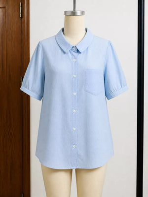 White Full Size Button Up Short Sleeve Shirt Plus Size