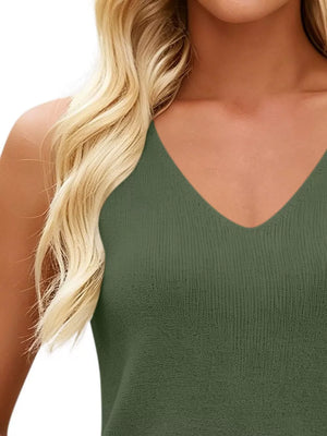 Red V-neck Ribbed Knit Tank Top