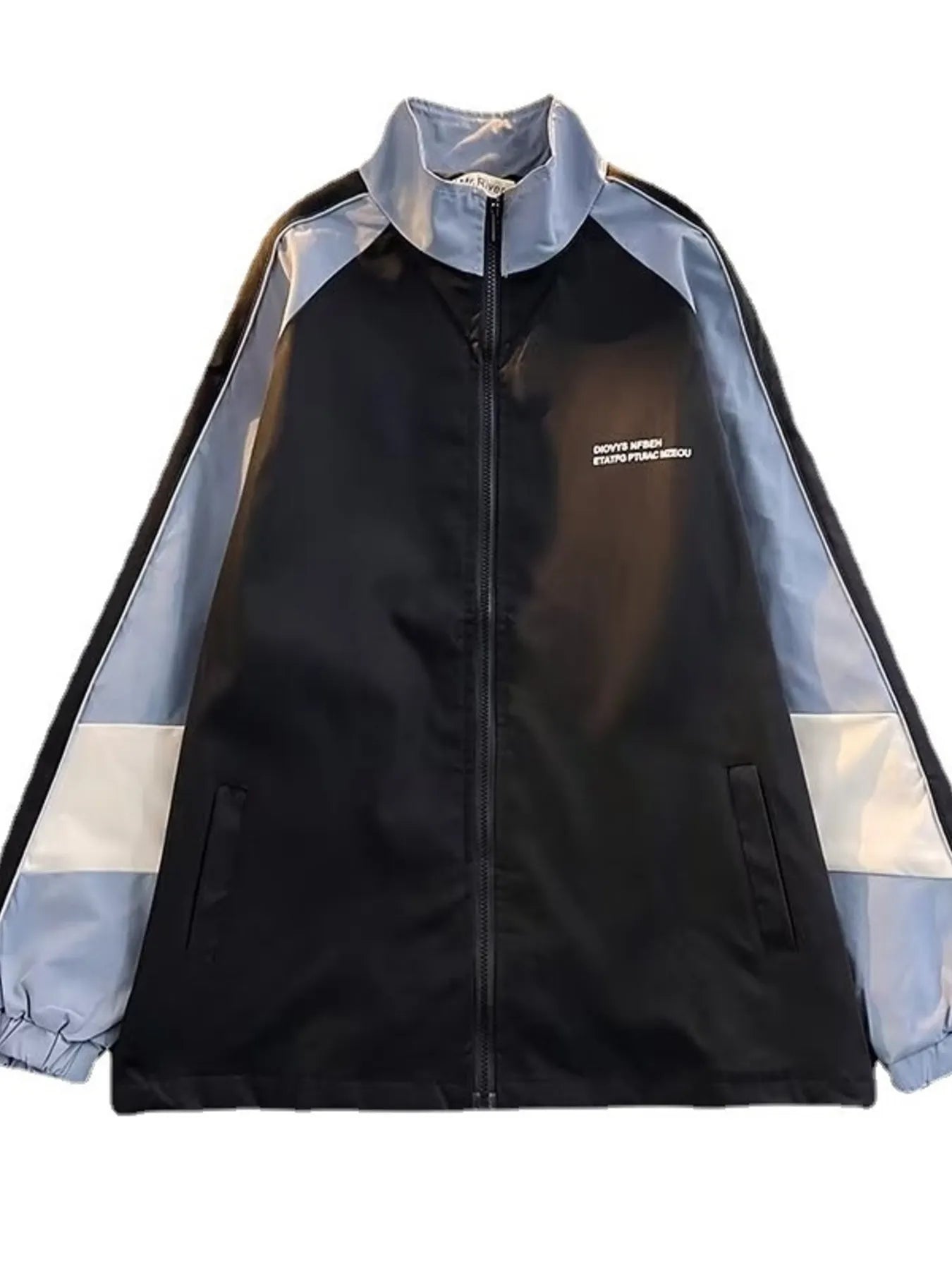 Men's black track jacket with blue and white paneling, zip-up front, and stand-up collar.