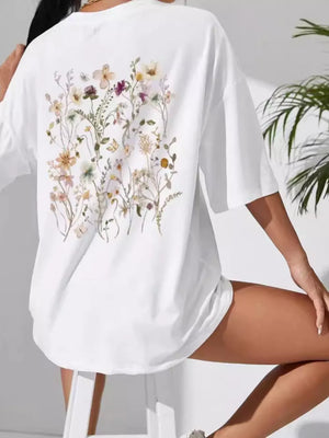 white t-shirt with floral and round neck