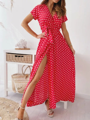 Black Polka Dot Surplice Maxi Dress With Slit