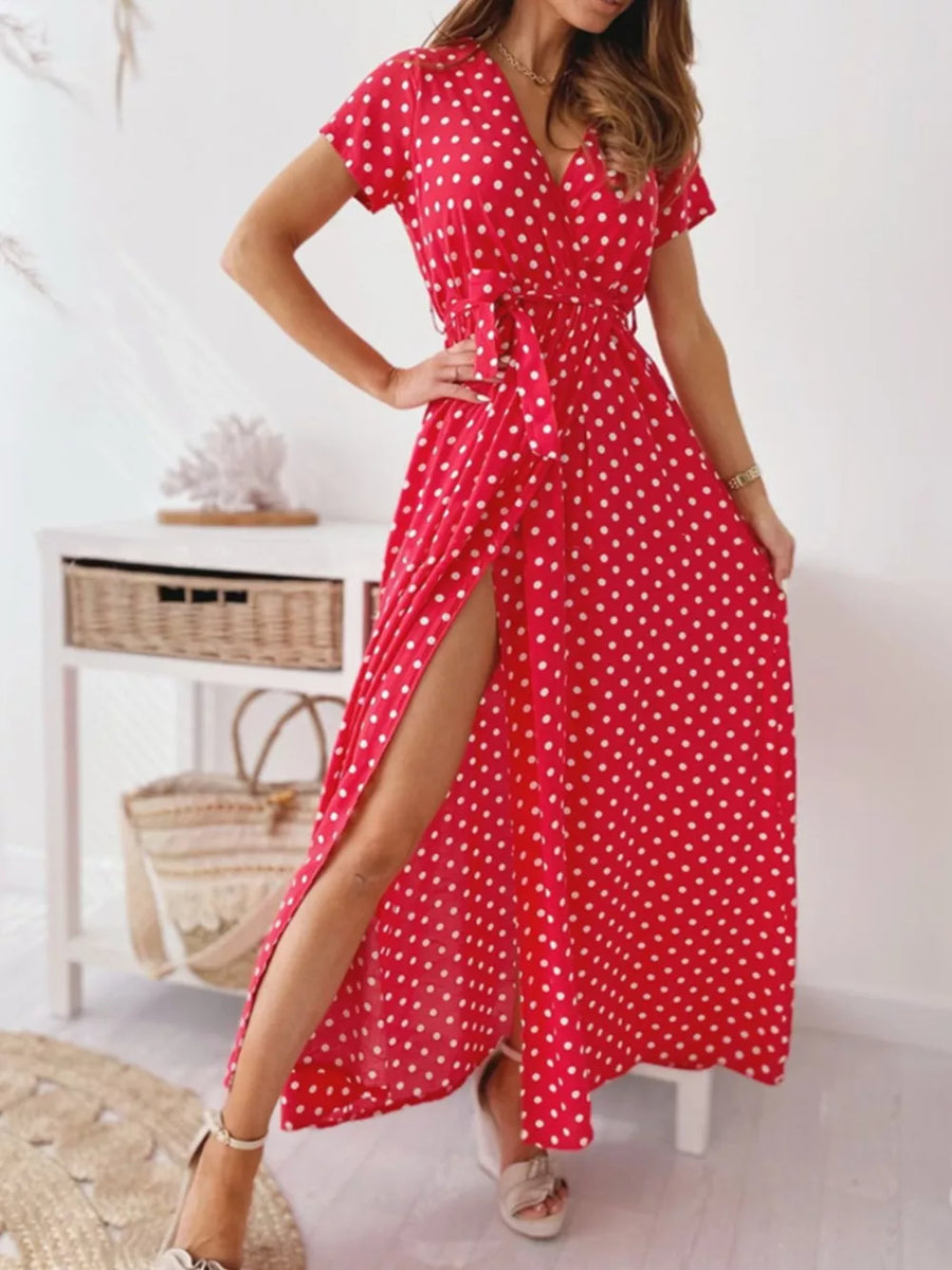 Black Polka Dot Surplice Maxi Dress With Slit