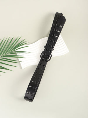 Black vegan leather belt with double grommet detail and black alloy buckle.
