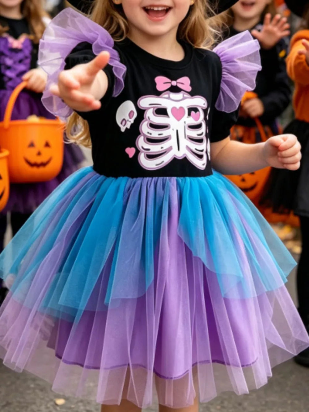 black tutu dress with graphic-print and round neck
