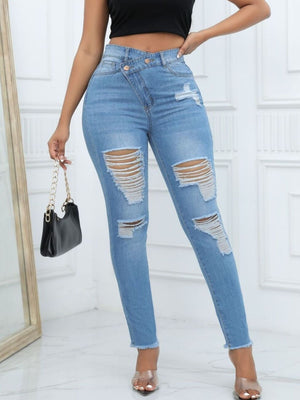 Distressed High-Waisted Slim Jeans in Light Blue with distressed
