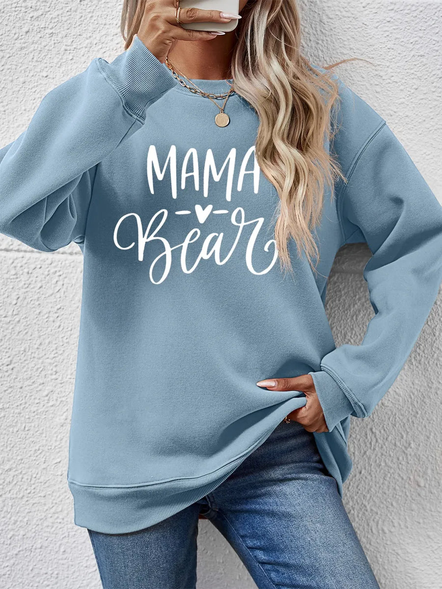 Light Blue Mama Bear graphic sweatshirt with crew neck and long sleeves.