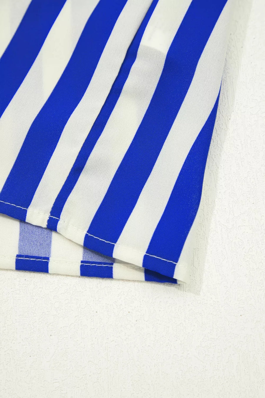 Blue and white striped button-down shirt with balloon sleeves