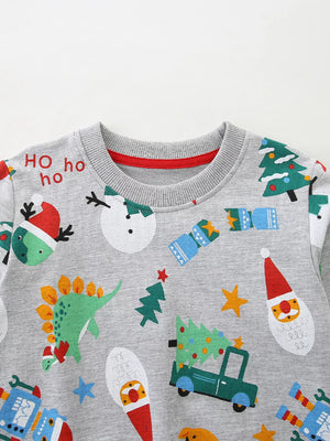 Children's gray cotton Christmas print pajama set with dinosaurs, snowmen, Santa, and trucks.