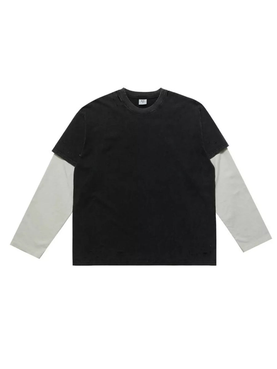 Men's black long sleeve t-shirt with grey sleeves, crew neck, and distressed hem.
