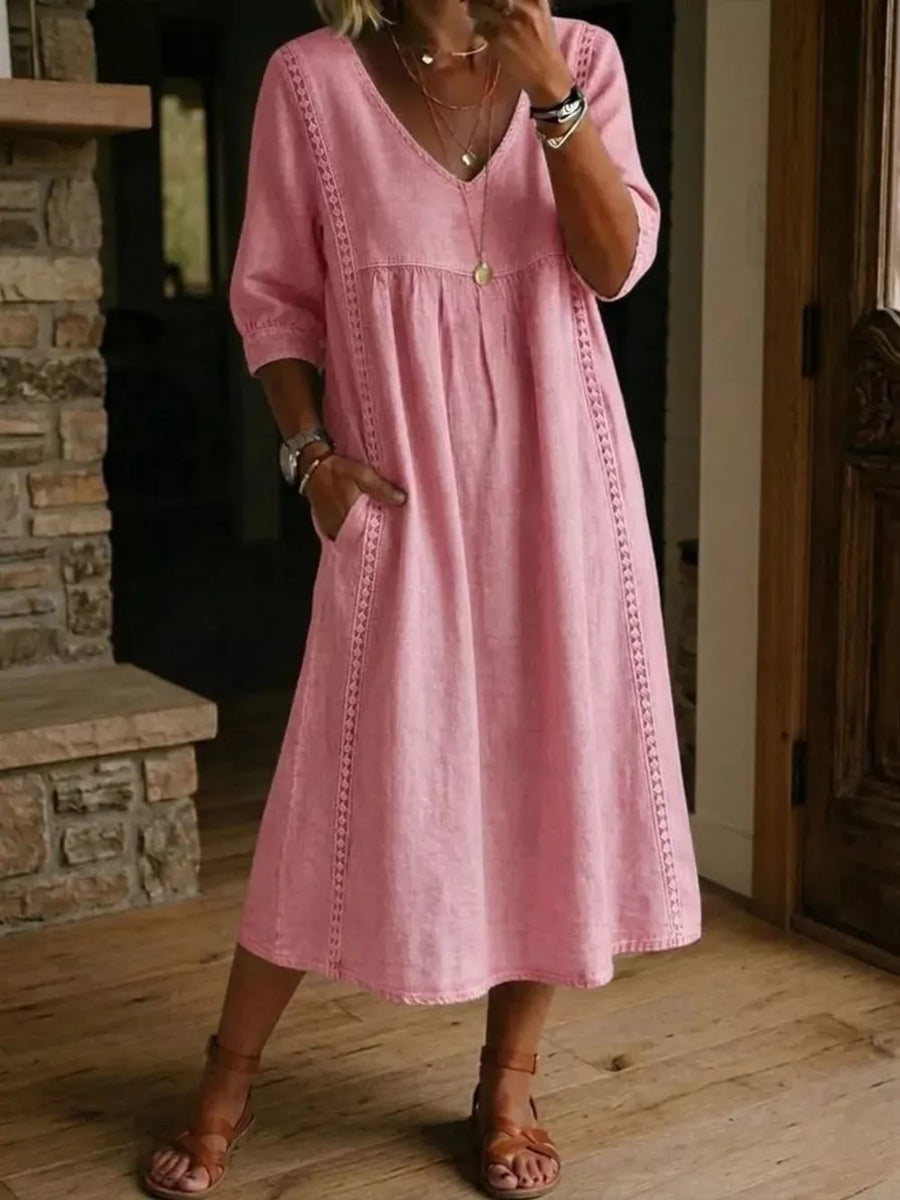 Full Size V-neck 3/4 Sleeve Midi Dress Plus Size in Pink