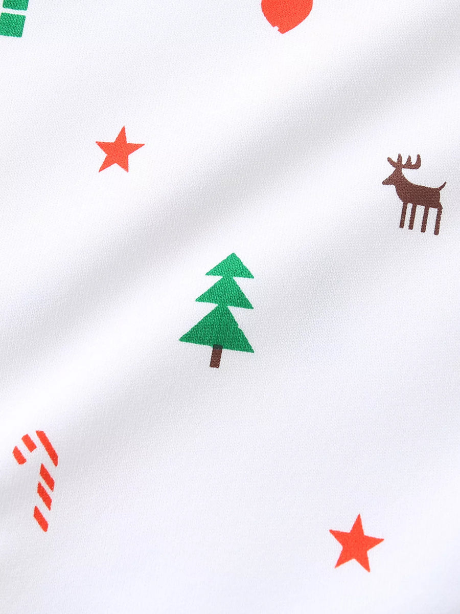 White crew neck sweatshirt with Christmas print featuring trees, candy canes, stars, and reindeer.