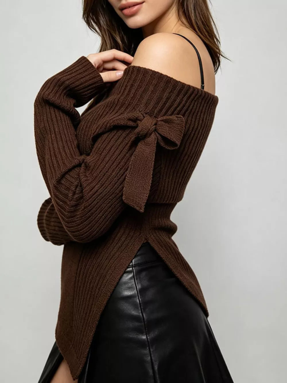 Red off-shoulder top with hip-length and pullover