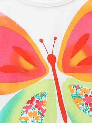 White cotton baby tee with colorful butterfly print and floral accents.