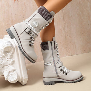 Gray boots with mid-calf and lace-up, zip-front, buckle