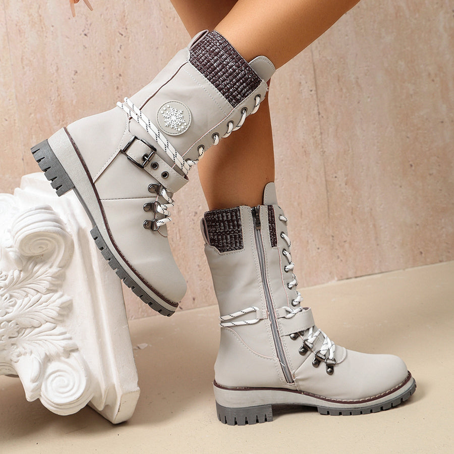 Gray boots with mid-calf and lace-up, zip-front, buckle
