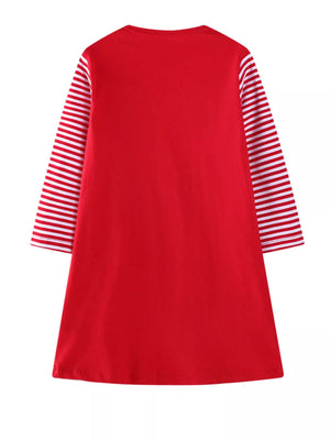 Red long sleeve baby dress with white striped sleeves