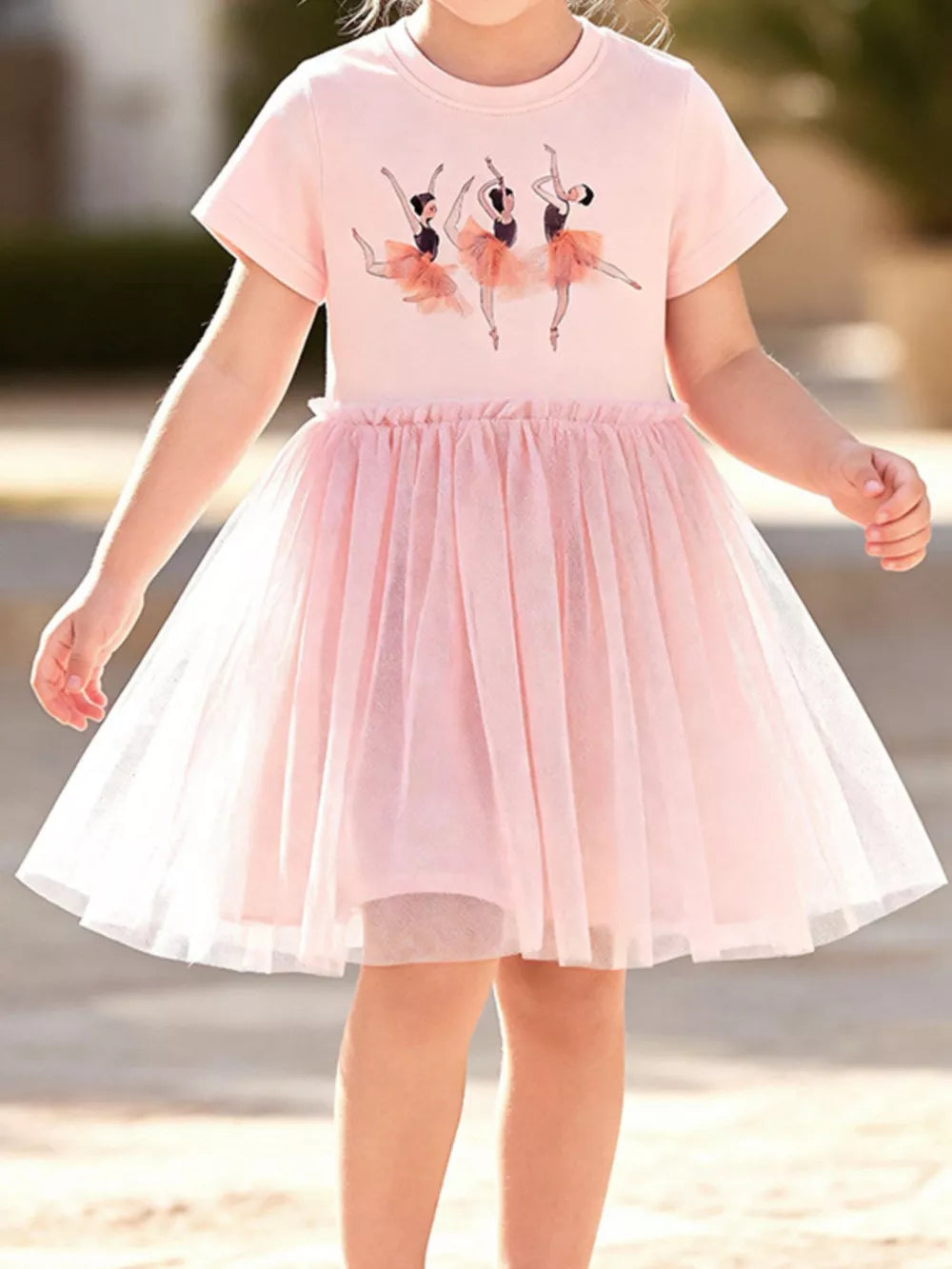 Toddler blush pink cotton dress with ballerina graphic and tulle skirt