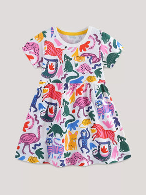 Toddler girls' white short sleeve dress with playful animal print and yellow neckline.