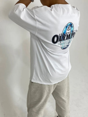 White long sleeve oversized tee with Olympia Amateur Korea graphic on back.