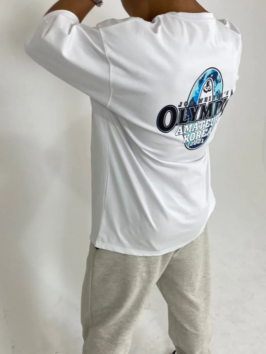 White long sleeve oversized tee with Olympia Amateur Korea graphic on back.