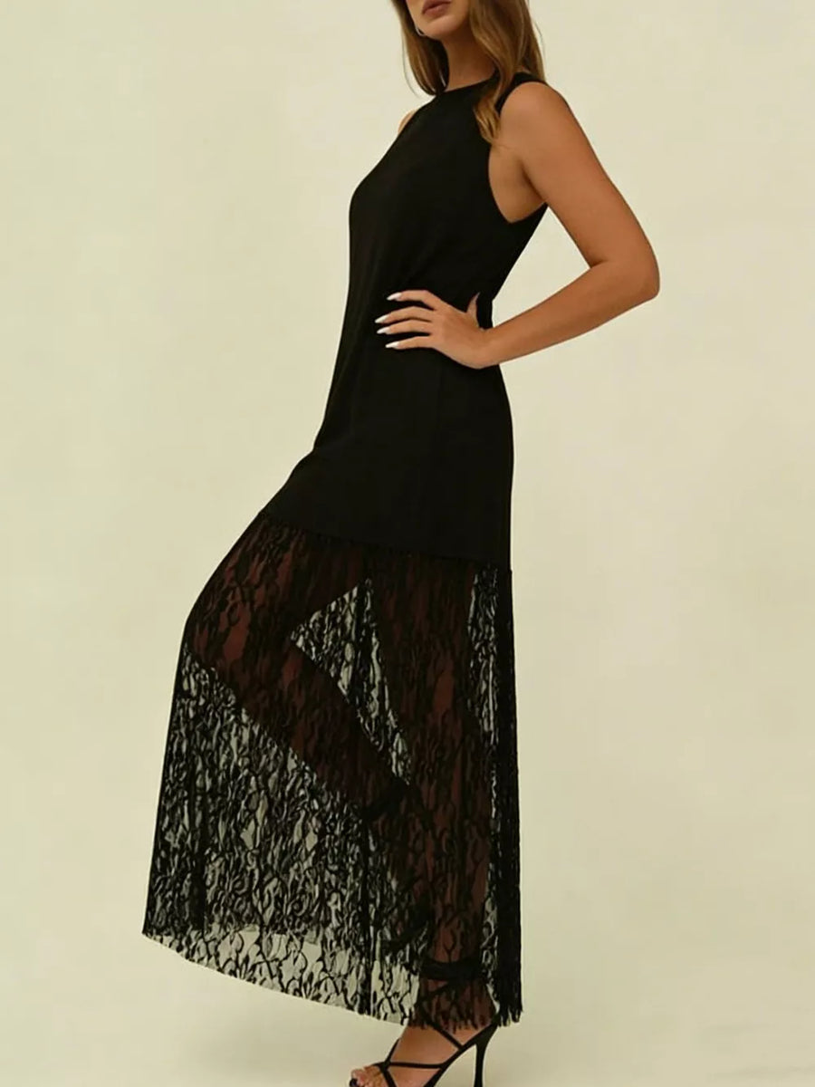 Black sleeveless maxi dress with lace trim skirt and high neckline.