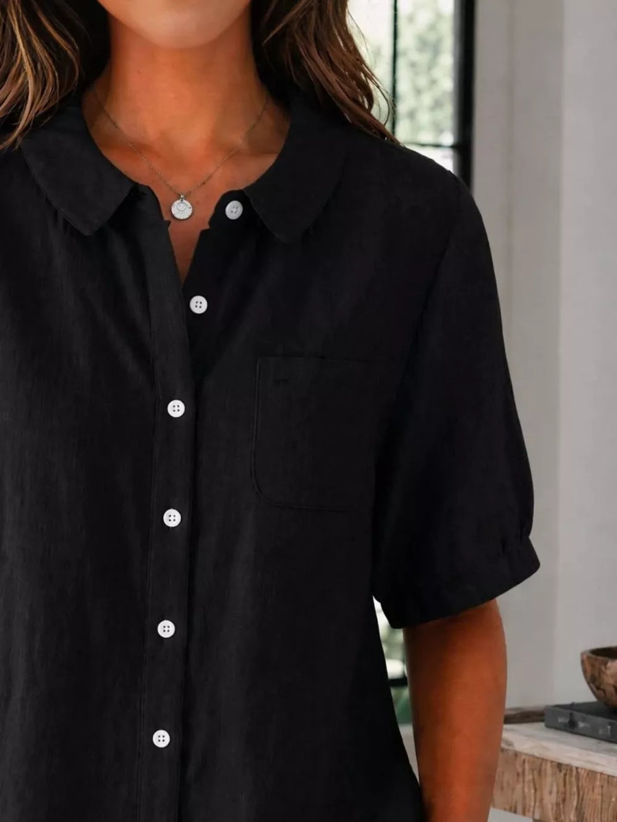 Full Size Button Up Short Sleeve Shirt Plus Size in Green