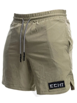 Khaki performance drawstring shorts with logo patch and elastic waistband