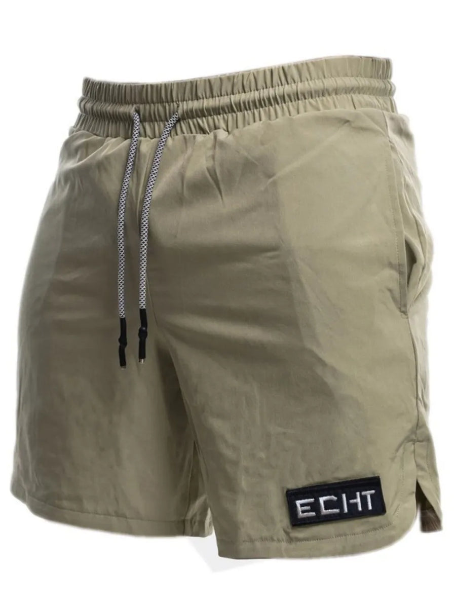 Khaki performance drawstring shorts with logo patch and elastic waistband