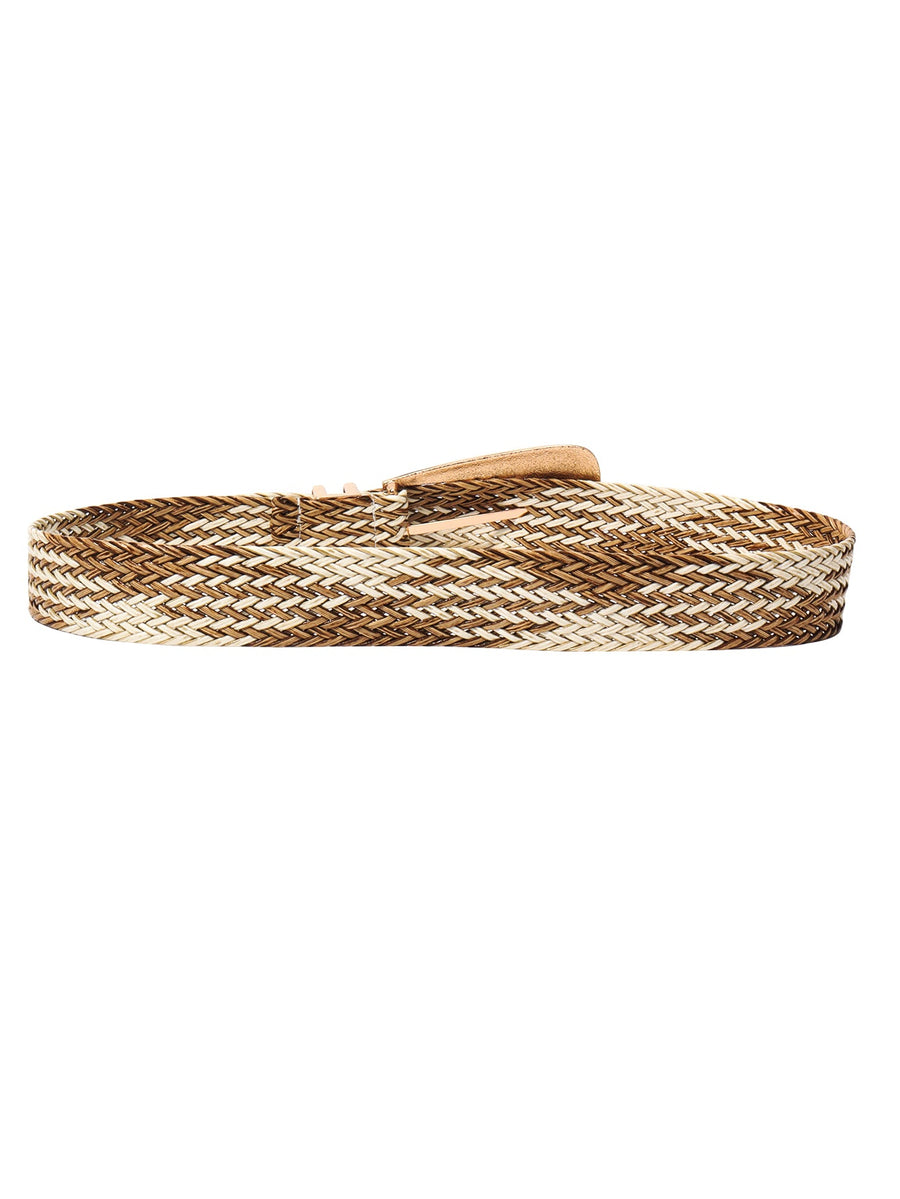 Woven raffia belt with gold-tone buckle and tan leather accent.
