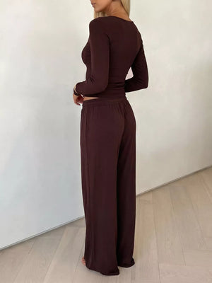 V-neck Long Sleeve Top And Wide-leg Pants Set option 5