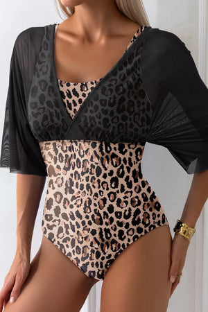 tan one-piece swimsuit featuring mesh patchwork and leopard-print
