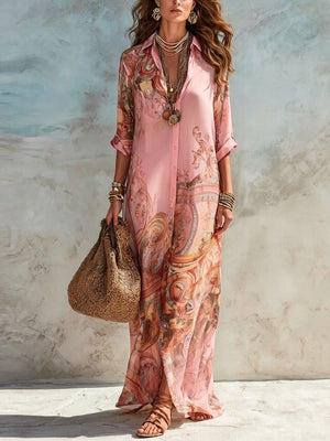 bohemian shirt dress in Red with collared