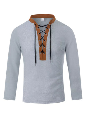 Men's Vintage Lace-up Long Sleeve Henley Plus Size in Khaki