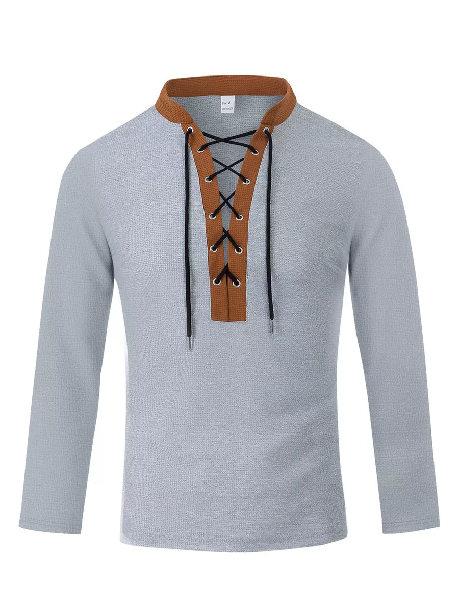 Men's Vintage Lace-up Long Sleeve Henley Plus Size in Khaki