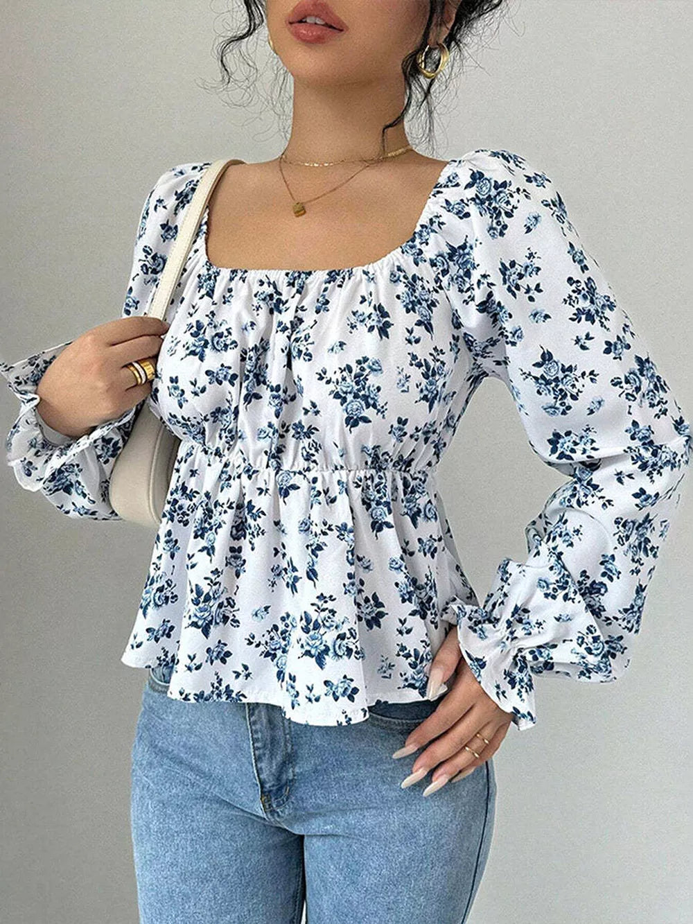 Floral Floral Print Square Neck Peplum Blouse