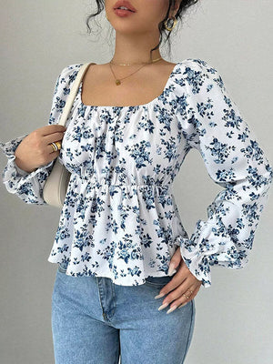 Floral Floral Print Square Neck Peplum Blouse