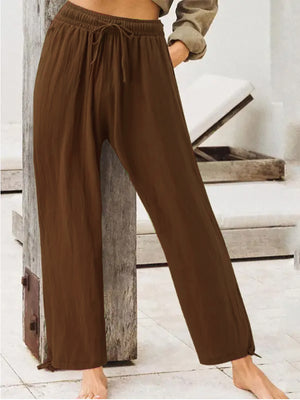Light Yellow Full Size Casual Drawstring Wide-leg Pants