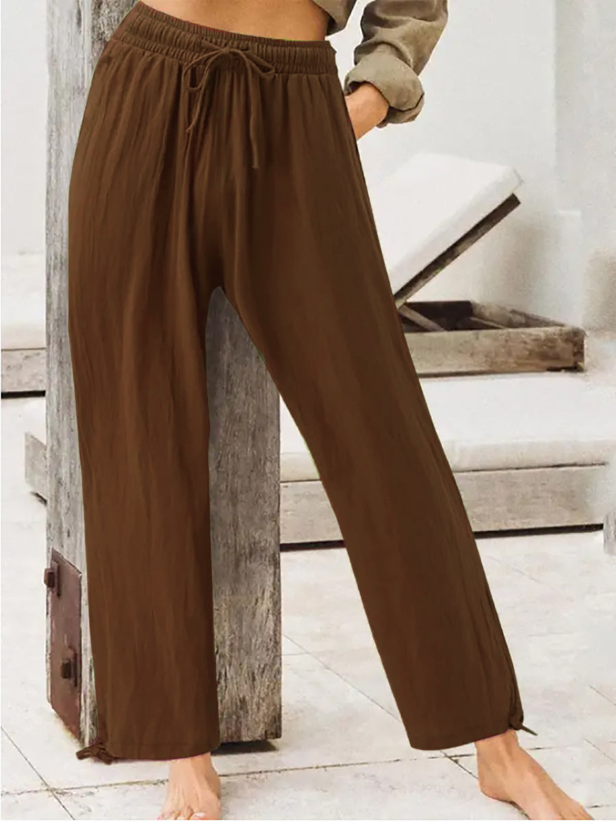 Light Yellow Full Size Casual Drawstring Wide-leg Pants