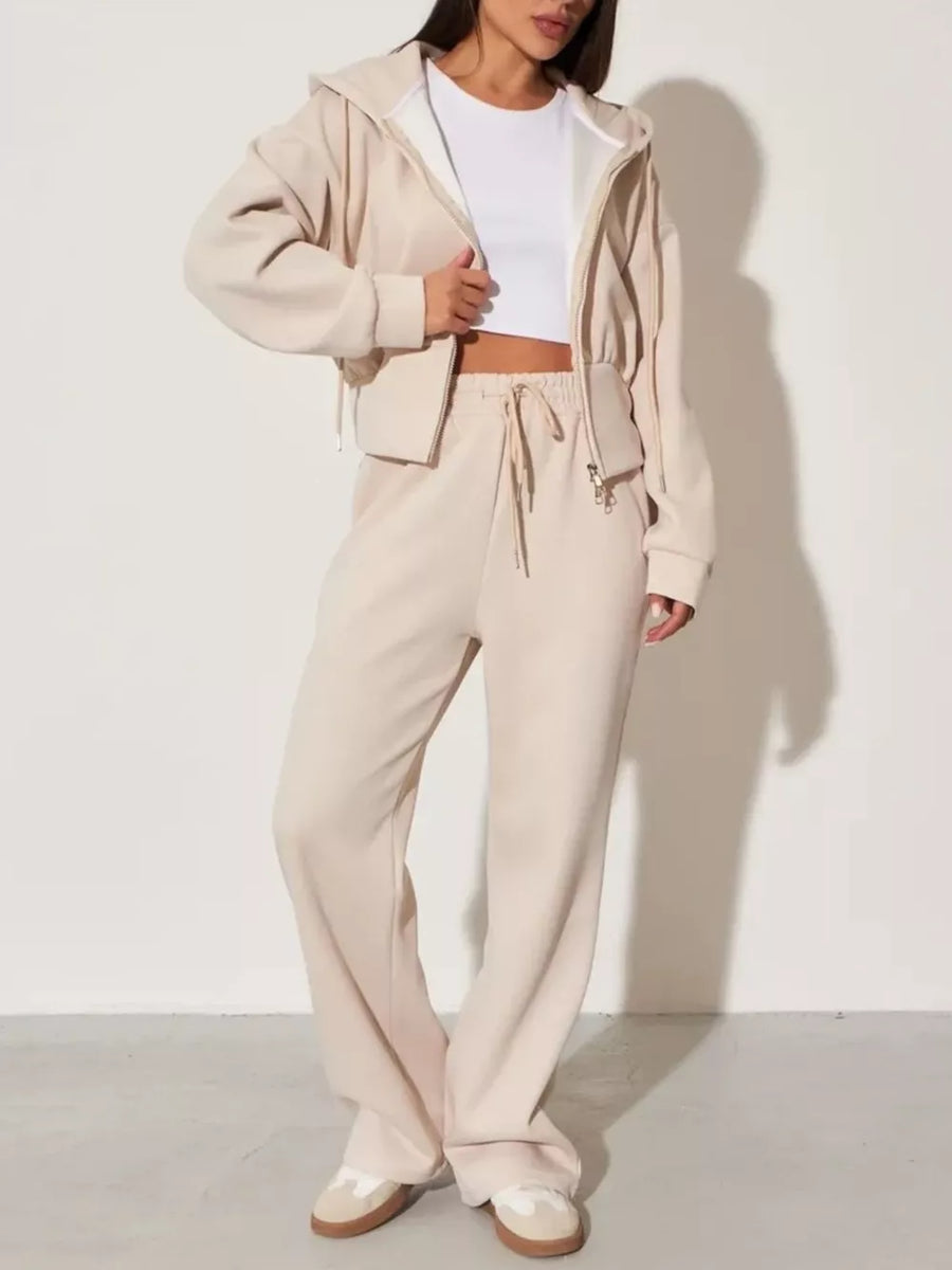 Pink Zip-up Hoodie And Wide-leg Pants Set