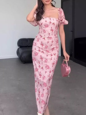 fuchsia midi dress featuring ruffled and floral