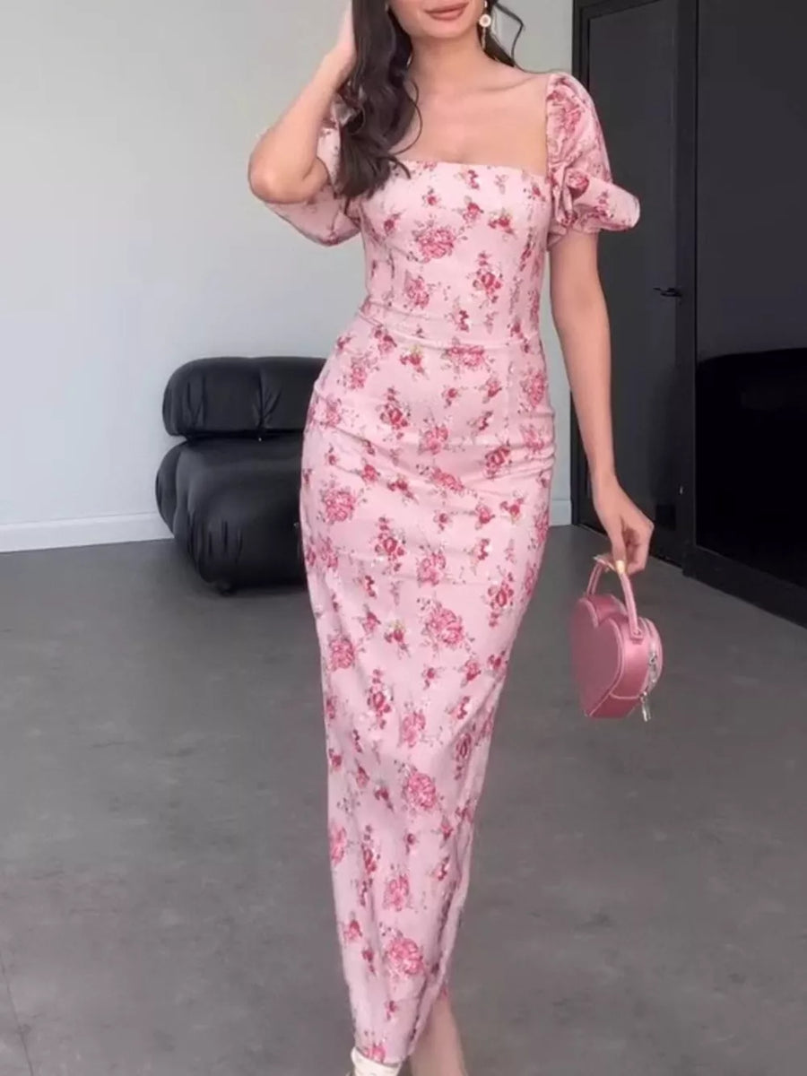 fuchsia midi dress featuring ruffled and floral