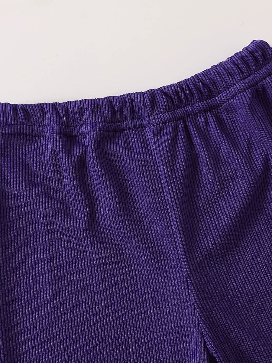 Purple ribbed baby pants with elastic waistband
