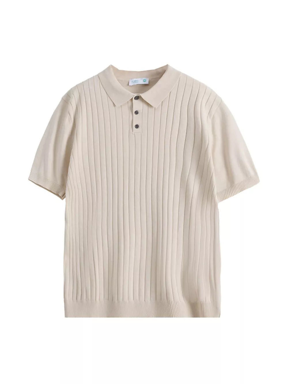 Apricot ribbed knit polo shirt for men with short sleeves and button placket.